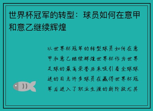 世界杯冠军的转型：球员如何在意甲和意乙继续辉煌