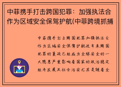 中菲携手打击跨国犯罪：加强执法合作为区域安全保驾护航(中菲跨境抓捕)